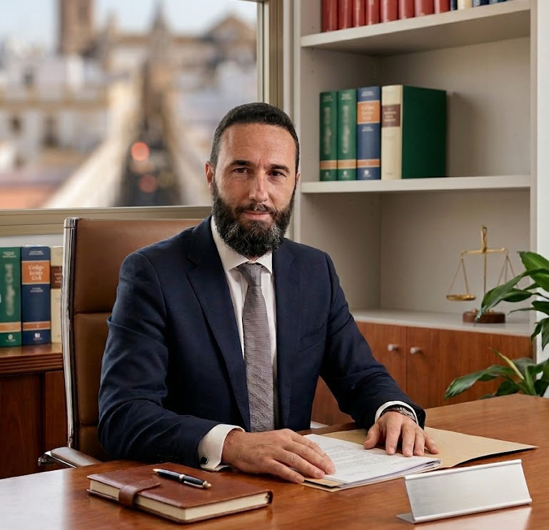 Abogado Díaz en su despacho de Huelva, con libros de derecho y balanza de la justicia
